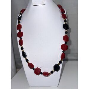 Vintage Monet NECKLACE Red & Black Beads Octagon Geometrical Cubist Beads 34"